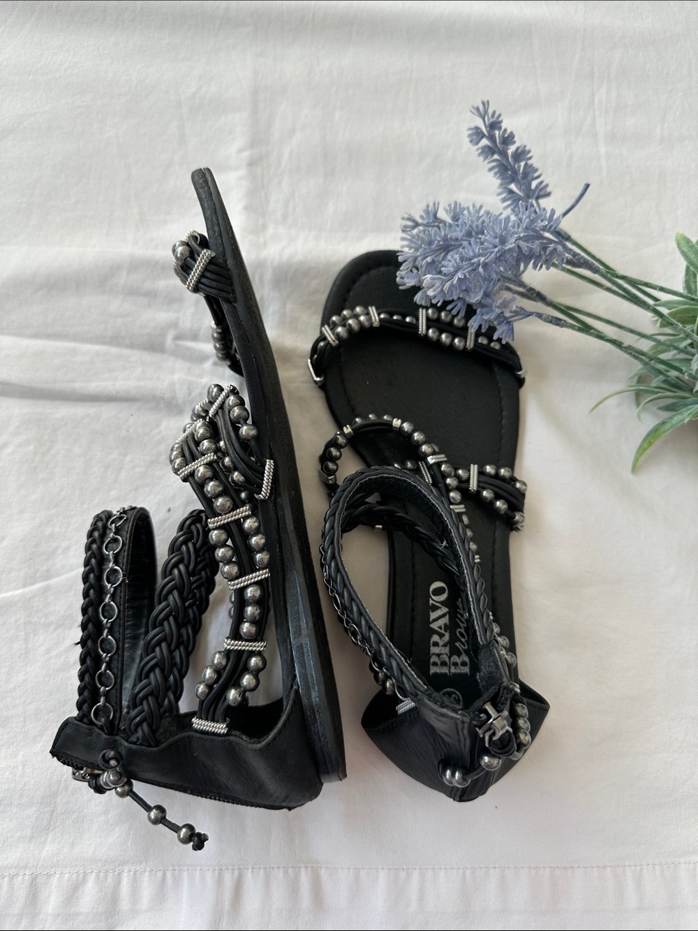 Bravo Browns Black Braided Bead Women's Sandals with Ankle Strap